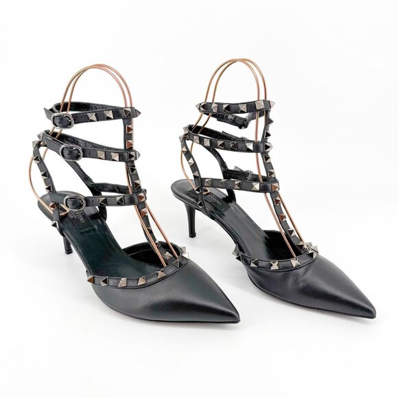 Valentino Garavani Noir Rockstud Caged Pumps EU 39.5 US 9.5 Black Spike Mid Heel - Picture 1 of 12